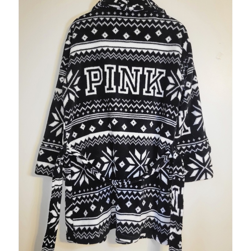 Victorias Secret PINK Robe Womens XS/S Black White Fair Isle Snowflake Fleece